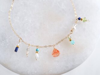 Orange sun stone bracelet：オレンジサンストーン　チェーンブレスレット　天然石　ラピスラズリ×クォーツの画像