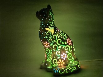 猫型ランプシェード(白猫	花	鳥)の画像
