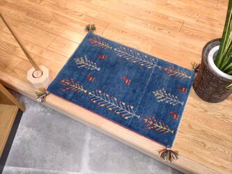 ペルシャ　ギャッベ　玄関マット　75x50cm　ブルー　生命の木　RD12717の画像