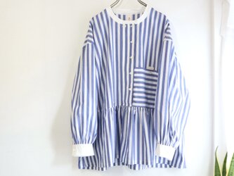 front gather blouse (organic cotton blue stripe)の画像