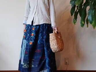 値下げ着物リメイクスカート☆藍色紬中心でレトロポップな大人スカート79cm丈の画像