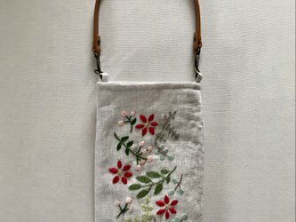 リネン製　ボタニカル刺繍のワンハンドルのミニバッグ　スマホポーチ　バッグインバッグの画像