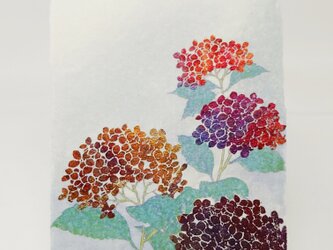 ギルディング和紙葉書　紫陽花　赤混合箔の画像