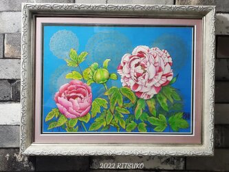 原画 1点もの 額装付き 色鉛筆画 ボールペン画 日本人作家 牡丹 花の絵 32cm×42.5cm 絵画 絵 アート インテリアの画像