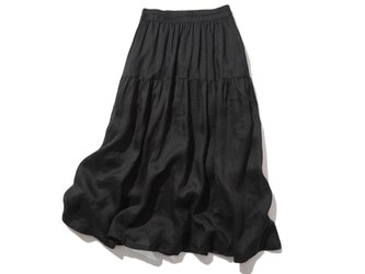 優しく揺れる、ゆるふわギャザースカート　リネンロングスカート　裏地付き　ブラック　220512-5の画像