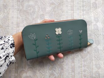 刺繍革財布『ＬＩＦＥ』水浅葱（牛革）☆slimラウンドファスナー型☆の画像
