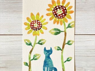 ポストカード2枚セット・型染め「ひまわりと猫」の画像