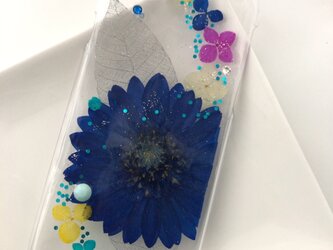 瑠璃紺色のガーベラときらめく葉っぱのスマホケース iPhone7・8の画像