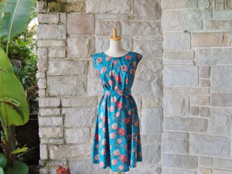 ❁イングリッシュガーデン コットンワンピース❁　ターコイズブルー×ローズピンク　フレンチスリーブの画像