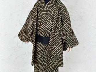 「紗綾型…深緑」28cm男子ドール着物＆羽織りの画像