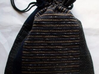 ６４６１　男絣と唐桟縞の着物で作った巾着袋　＃送料無料の画像