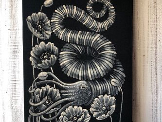「異常巻きアンモナイト」SMサイズ額付きアート作品 アクリル画原画 古代、深海生物 徳島洋子作品 ★ 星月猫の画像