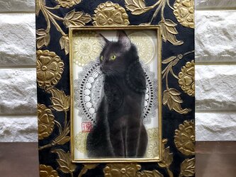 原画 1点もの 額装付き 色鉛筆画 ボールペン画 福猫 猫 黒猫 猫の絵 ネコ ねこ 絵画 絵 アートの画像