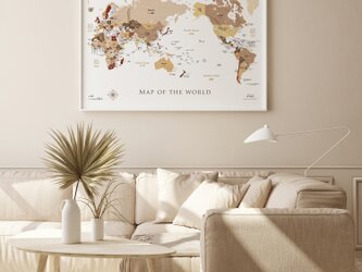 寄木風木目調のおしゃれな世界地図ポスター日本語＆英語表記　A1サイズの画像