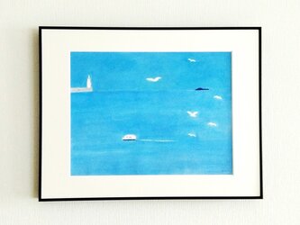 【一点物】原画「白い灯台のある景色」水彩イラスト  ※木製額縁入りの画像