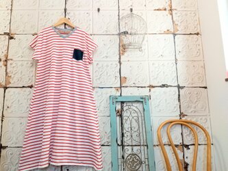 Summer sale！赤ボーダーコットンニットワンピースの画像