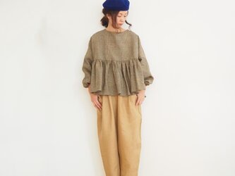 Linen Glen Check gather blouse BROWN系の画像