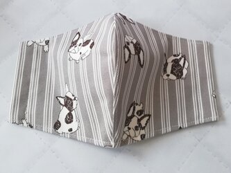 【犬柄】ボストンテリア　フレンチブルドック　かわいいストレッチ犬の立体マスク　グレー　ストライプ　手作りマスクの画像