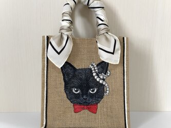 オリジナル 黒 猫 手描き ジュートバッグ ねこ ネコ バッグ 鞄 size S スカーフ付　カゴバッグ　かごバッグの画像