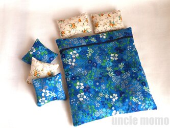 ドール用枕＆掛布団ダブル用（厚）フローラル（青い夢）【ステッチなし】　1/12ミニチュア・ファブリックの画像