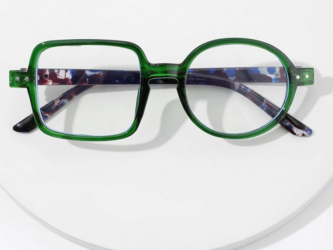 丸四角の非対称メガネフレーム｜グリーン｜老眼鏡、だてメガネとして作成できます｜の画像