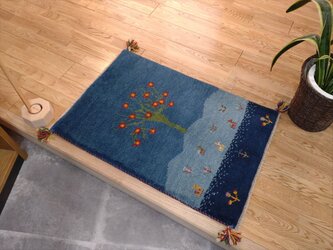 ペルシャ　ギャッベ　玄関マット　88×60cm 　紺色　ザクロ　の画像