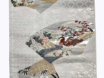 o0017　花鳥扇文様 鴛鴦 菊 藤 唐織 帯 正絹 50cm / ハギレ 古布 古裂  織 材料 表具 kimono obiの画像