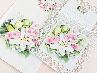 バラとカサブランカ ダイカットメッセージカード デコレーション正方形3枚　封筒付きの画像
