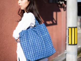 Hand block print kinchaku bag / indigocheck 1honの画像