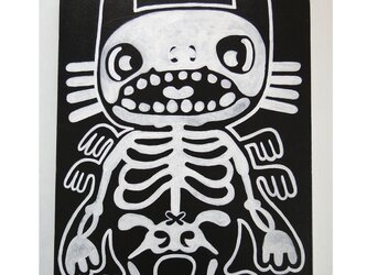猫と骨のグラフィティアート 原画 絵画 キャンバス画 モンスター 動物の絵 モノクロの画像