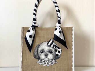 オリジナル シーズー 縁有 手描き ジュートバッグ 鞄 size M ドット スカーフ 付 犬 カゴバッグ かごバッグの画像