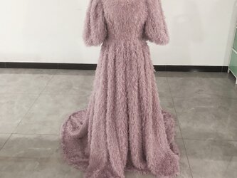上品！ピンク ワンピース トレーン 七分袖丈 スクエアネック ファスナー 花嫁/披露宴の画像