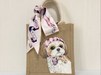 オリジナル シーズー 手描き ジュートバック 鞄 size S ツイリー スカーフ 付 犬 カゴバッグ かごバッグの画像