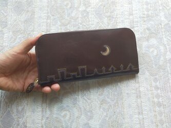 刺繍革財布『街yokonarabi』Dark-Brown×ブルー（牛革）☆slim&軽い☆ラウンドファスナーの画像
