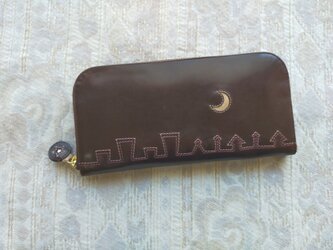 刺繍革財布『街yokonarabi』Dark -Brown×ピンク（牛革）☆slim&軽い☆ラウンドファスナーの画像