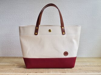 レザーハンドル 帆布トートバッグ 生成り×ボルドーの画像