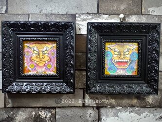 2点セット シーサー 原画 1点もの 額装付き ボールペン画 ボールペンアート 色鉛筆画 シーサーの絵 絵画 絵 アート 額入りの画像