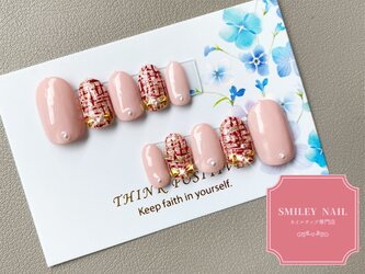 《10》ツイードネイル ピンク ボルドー シンプル 冬ネイル ネイルチップの画像