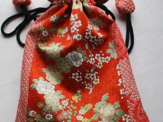 ６６２５　絞りと花柄の訪問着で作った巾着袋　#送料無料の画像