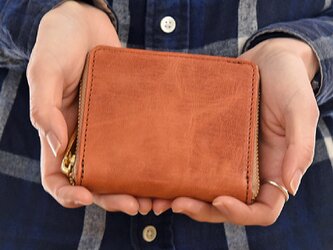 スキミング防止機能付き 馬革 二つ折り財布  コンパクト ビジネス ミニ財布 キャメル JAW008の画像