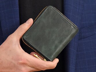 スキミング防止機能付き 馬革 二つ折り財布  コンパクト ビジネス ミニ財布  ダークグリーン JAW008の画像