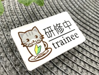 【送料無料】灰猫イラスト名札 研修中サインプレート trainee 初心者マークの画像