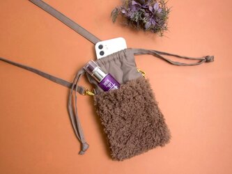 ふわもこファー スマホショルダー 巾着ポシェット 2way チャコールグレーの画像