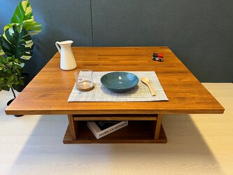 【送料無料】 ローテーブル 正方形 90cm パイン オーク 棚付きの画像