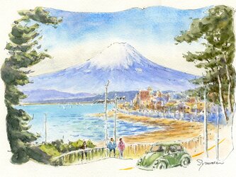 水彩画原画　富士山と稲村ヶ崎　＃565の画像