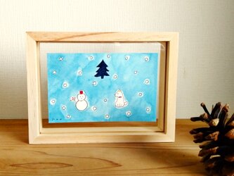 水彩イラスト「ボクと雪だるま」※木製額縁入りの画像