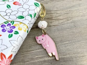 御朱印帳　しおり　水引【つままれにゃんこ】ブックマーカー　ピンク　桃色の画像