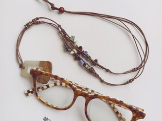 ☆ウッドパーツと天然石のロングネックレス／グラスホルダー(#1045)(1点限定)の画像