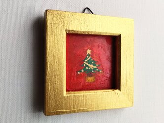 小さな絵画「クリスマスツリー」原画・油彩・壁掛け・独立スタンド付きの画像