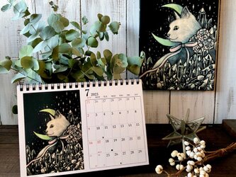 早期予約特典付き12月7日まで　2023年卓上カレンダーと複製画セット　星月猫★徳島洋子作品絵画　オリジナル作品　猫カレンダー　の画像